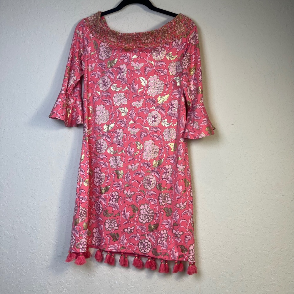 Cabana Life‎ Shift Dress style Womens Resort Floral Tassel Smocked S Pink Gold
